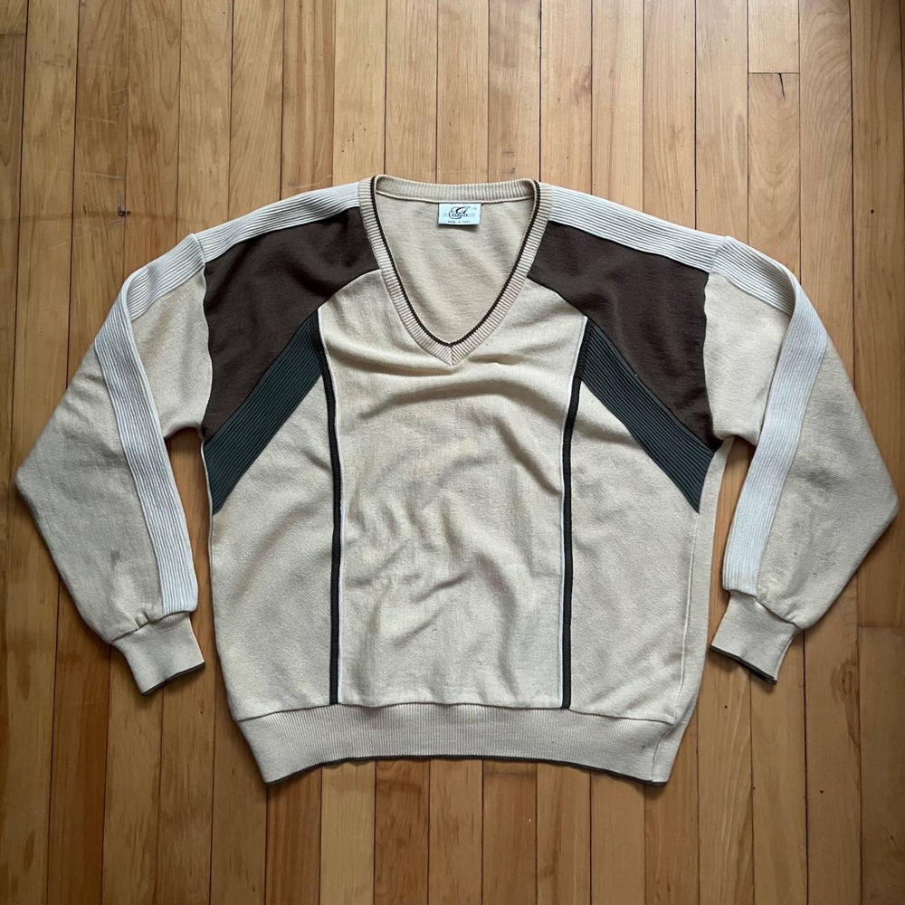 Gabicci Mens XL V Neck Sweater Wool Acrylic Beige Brown Colorblock Made in Italy